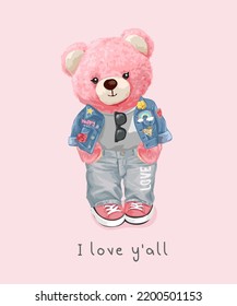 love you all slogan with pink bear doll in denim jacket vector illustration