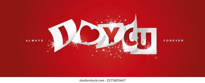 I Love You always forever. Love message on paper that turns and open in the wind. Valentine's Day greeting card on red background