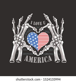 I LOVE YOU AMERICA FOREVER SKULL BONES SKELETON HAND ARTWORK EDITABLE LAYERS VECTOR