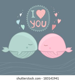I love you art. Cute whales in love. Vector illustration