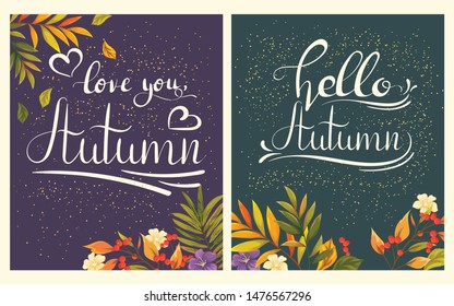 love you Autumn and Hello Autumn Cards. Backgrounds with gold sparkles and leaves.