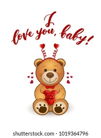 I love you, baby! Vector card with teddy bear and heart balloons. Happy Valentine's Day card