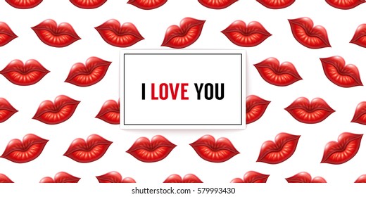 I Love You background with lips and frame. Vector illustration for Valentines Day or Wedding designs. Kiss symbol