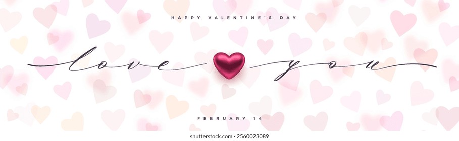 Love you banner. Concept of Valentines Day greeting card. Minimal design with hearts and calligraphic lettering. Template for invitation, cover, banner, celebration, flyer. Vector illustration.