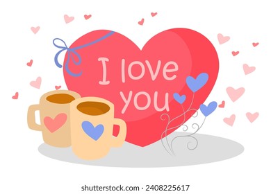 I love you banner design with two cups of coffee and big heart. Love and romance concept.
