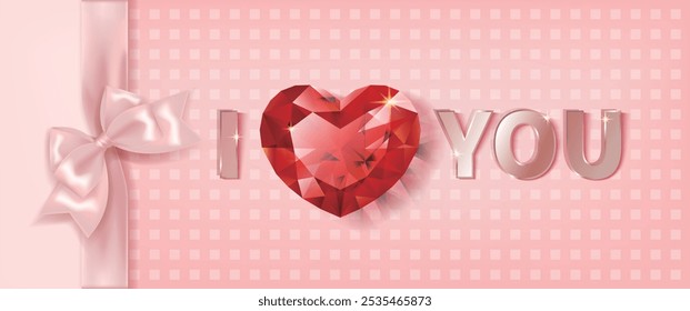 I love you banner with heart gems and bow, suitable for Valentine's Day, Mother's Day