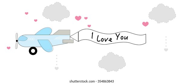 i love you banner in valentine with aiplane vector background