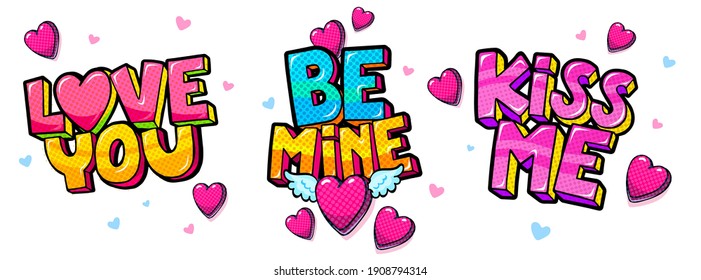 Love You, Be mine, Riss me lettering and winged heart in pop art style. Concept of love. Valentine's day greeting card on white background