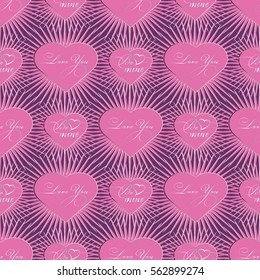 Love you. Be mine.Seamless pattern background illustration with calligraphic vintage  lettering text inscription.Perfect for cards,wrapping,fabric,poster,banners.Vector texture with radial love hearts