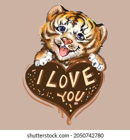 i love you, beautiful greeting card background or banner with cute tiger. Baby tiger with chocolate heart on light coffee background. Vector illustration