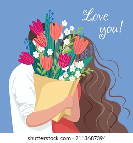 Love you. Beauty, gift, love hug concept. Young woman girl cartoon hiding behind the bouquet of flowers tulips on blue background. womens day present illustration. March 8 Valentine's Day