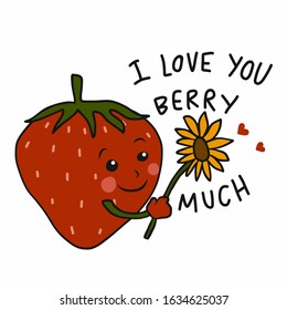 I love you berry much , strawberry give sunflower cartoon vector illustration