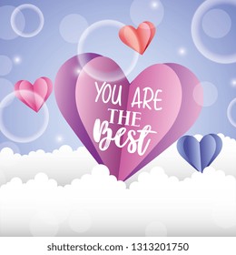 Love you are the best card with hearts and clouds vector digital illustration image