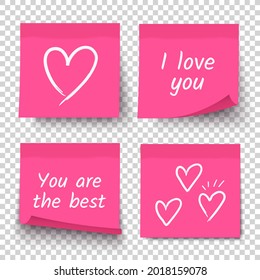 I love you. You are the best! Pink sticky note set. Valentine's day banners. Heart symbol. 3 doodle hand drawn hearts. Sticker collection on transparent background. Realistic 3d paper sticky note.