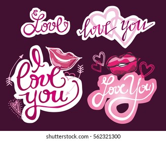 I Love You - big hand drawn set. Hand written lettering with lips, hearts. Romantic calligraphy
