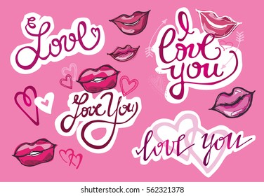 I Love You - big hand drawn set. Hand written lettering with lips, hearts. Romantic calligraphy
