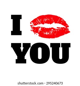 I LOVE YOU black text with red lips print on white background vector illustration