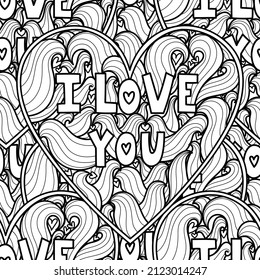 I Love You black and white seamless pattern for coloring book. Heart mandala outline background. Doodle coloring page for adults and kids. Vector illustration