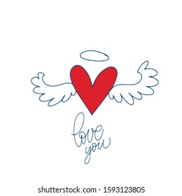 Love you. Blue inscription about love, heart with wings, on a white background. Cute greeting card,sticker or print made in the style of lettering and calligraphy. Cool inscription for Valentine's Day