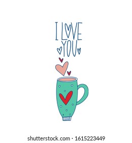 I Love you. Blue inscription about love, on a white background. Cute greeting card, sticker or print made in the style of lettering and calligraphy. Cool inscription for Valentine's Day.
