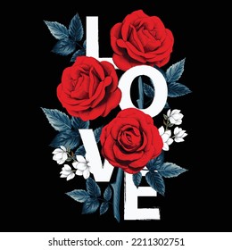 Love you with bouquet Red rose flowers on isolated black background.Vector illustration hand drawing dry watercolor style.For used t-shirt pattern design