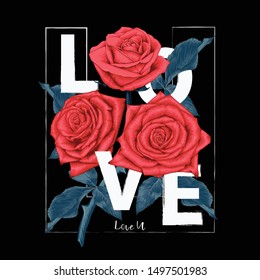 Love you with bouqurt Red rose flowers on isolated black background.Vector illustration hand drawing dry watercolor style.For used t shirt pattern design