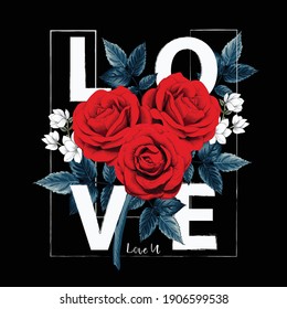 Love you with bouqurt Red rose flowers on isolated black background.Vector illustration hand drawing dry watercolor style.For used t-shirt pattern design