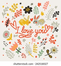 I love you - bright concept card in vector. Rabbits and flowers in hearts and flowers. Romantic background in cartoon style