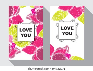Love you. Bright romantic invitation in vector. Delightful Save the Date card in modern style. Adorable romantic card with text, heart made of flowers and bokeh effect