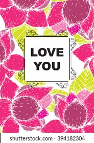 Love you. Bright romantic invitation in vector. Delightful Save the Date card in modern style. Adorable romantic card with text, heart made of flowers and bokeh effect