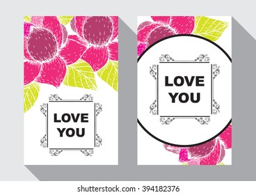 Love you. Bright romantic invitation in vector. Delightful Save the Date card in modern style. Adorable romantic card with text, heart made of flowers and bokeh effect
