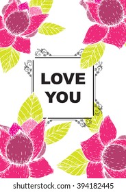 Love you. Bright romantic invitation in vector. Delightful Save the Date card in modern style. Adorable romantic card with text, heart made of flowers and bokeh effect