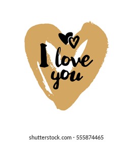 I love you brush lettering illustration. Handmade calligraphy for print, card, T-shirt. Hand drawn golden heart background. Vector quote for Valentines Day. Love symbol element