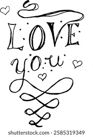 
love you calligraphic inscription with hearts and curls