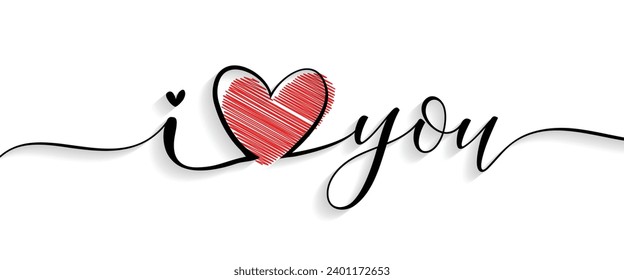 I Love You Calligraphic Typography Text with Red Heart icon on white Background, Greeting Card, Cover, Banner. Vector Template
