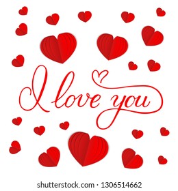 I love you calligraphy hand lettering with 3d paper cut red hearts. Origami style Valentine’s day postcard or typography poster. Vector illustration. Easy to edit template banners, etc.
