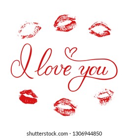 I love you calligraphy hand lettering with lipstick kiss. Imprints of red lips. Valentine’s day postcard. Romantic typography poster. Easy to edit vector template for t-shots, mugs, banners, etc.