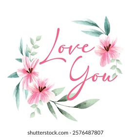 I love you,  calligraphy with heart and flowers. card concept for wedding, valentine's day, mothers day t-shirt print design. Vector illustration