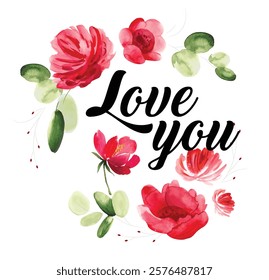 I love you,  calligraphy with heart and flowers. card concept for wedding, valentine's day, mothers day t-shirt print design. Vector illustration