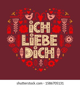 I Love You Calligraphy Template in German - Ich Liebe Dich. Lettering poster Ich Liebe Dich in ethnic folk style on red background