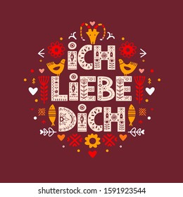 I Love You Calligraphy Template in German - Ich Liebe Dich. Lettering poster Ich Liebe Dich in ethnic folk style on red background