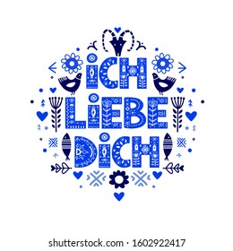 I Love You Calligraphy Template in German - Ich Liebe Dich. Lettering poster Ich Liebe Dich in ethnic folk style on blue colors 