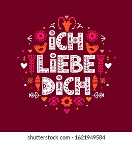 I Love You Calligraphy Template in German - Ich Liebe Dich. Lettering poster Ich Liebe Dich in ethnic folk style on red background