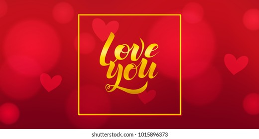 Love you calligraphy text with painted hearts for greeting card or banner. Vector holiday illustration. Valentines day.