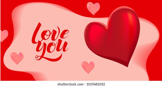 Love you calligraphy text with painted hearts for greeting card or banner. Vector holiday illustration. Valentines day.