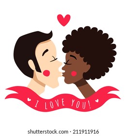 I love you card and background with kissing couple (brunette young man and African American young woman), ribbon and heart