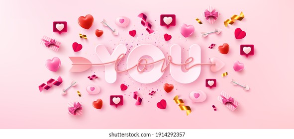 Love You Card or Banner with symbol of arrow love script over you word and valentine elements on pink background.Promotion and shopping template for love and Valentine's day in flat lay style.