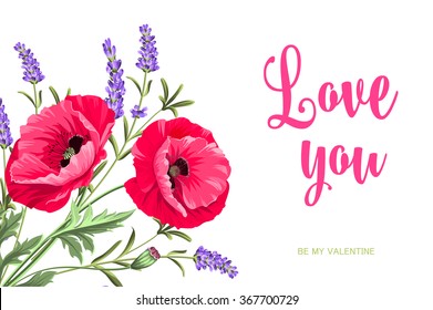 I love you card. Bunch of lavender and poppy flowers on a gray background. Lavender and poppy card for paper, label and other printing or web projects. Label with poppy flowers. Vector illustration.