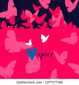Love you card. Butterfly background. Silhouette illustration