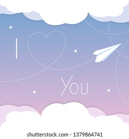 I love you card. Cartoon paper airplane background with heart and clouds illustration in vector format.